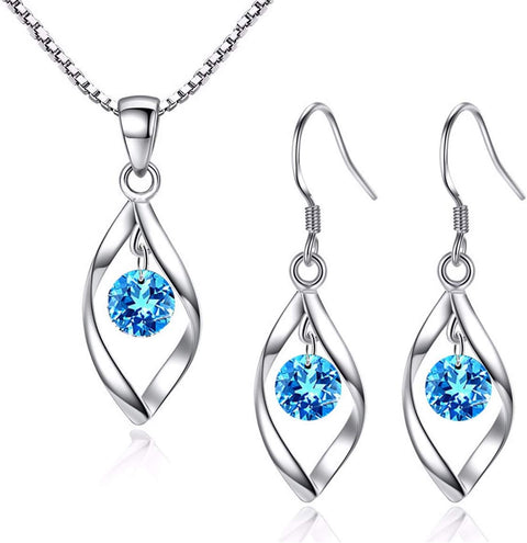 Silver Jewellery Set for Women, 925 Sterling Silver Women'S Jewellery Sets with White/Blue/Pink Zirconia, Hypoallergenic Twist Pendant Necklace & Hook Dangle Earrings Set Gift with Gift Box