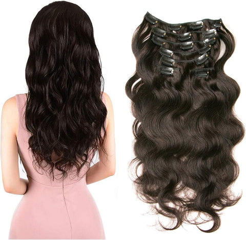 Clip in Human Hair Extensions Full Head 16 Clips 100% Real Remy Human Hair Body Wave Wigs 8A 7 Pcs Wavy Pieces 18 Inch #1B Natural Black 70G