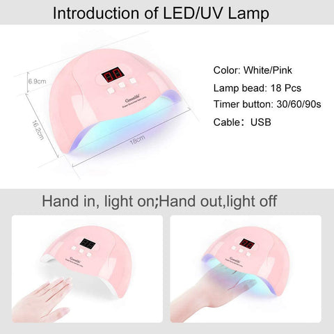 Nail Lamp,  54W 18Pcs LED UV Nail Lights for Gel Nail Polish Dryer Curing Lamp with 3 Timers Auto Sensor Digital Display USB Plug Protable Convenient for Manicure Pedicure