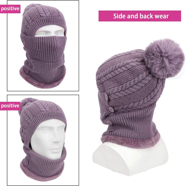 Winter Warm Knitted Cap＆Neck Warmer Sets,Flexible Knit Beanie Hat with Hairball,Soft Thick Fleece Lined,Women Adjustable Face Mask for Outdoor Sports,Winter Gift