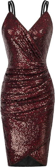 Women Sequined Velvet Spaghetti Dress V-Neck Bodycon Mini Wrapped Dance Party Cami Dress