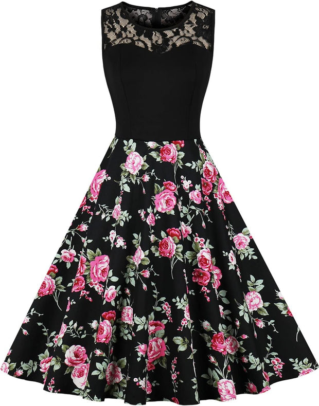 Women Fit & Flare Vintage Dresses 1950S Style Floral Print Sleeveless