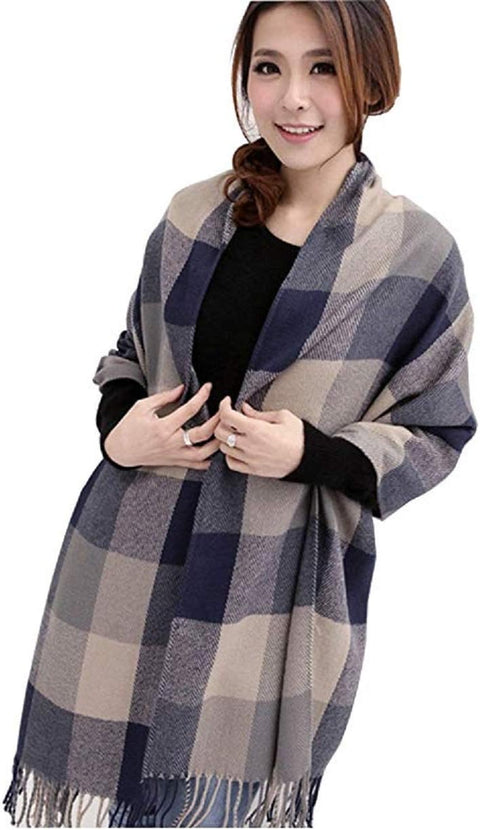 Winter Long Soft Warm Tartan Check Scarves Wraps for Women Wool Spinning Tassel Shawl Long Stole