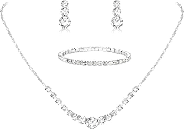 Silver Jewelry Set for Women Rhinestone Crystal Necklace Drop Earrings Link Bangle Bracelet Bridal Wedding Jewelry Sets for Brides Bridemaid Prom Costume Accessories