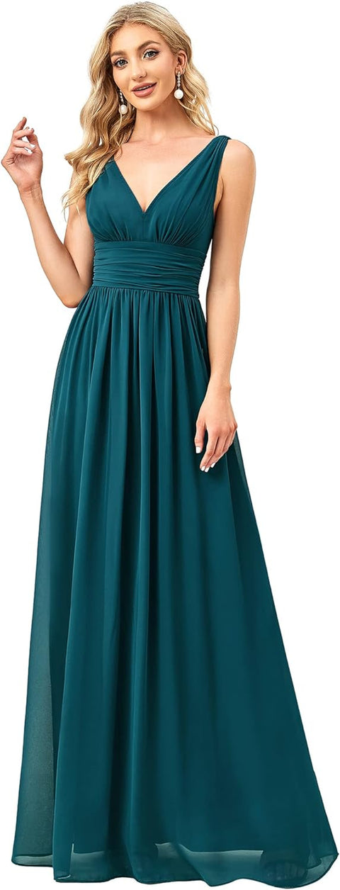 Women'S V Neck Empire Waist A-Line Chiffon Long Evening Dress 09016