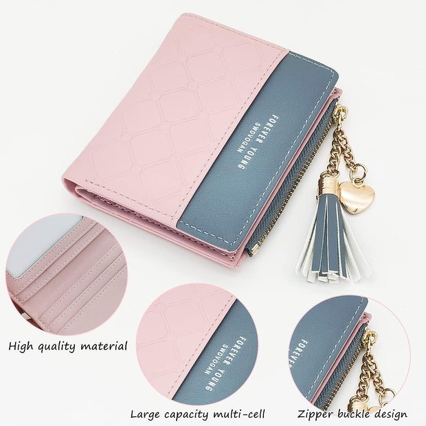 Leather Wallet, PU Small Purses for Women, Bifold Card Holder Small Purse with Zipper Coin Pocket, Multicard Women'S Wallets Coin Purse for Cash, Cion, Card, Bill (Pink)