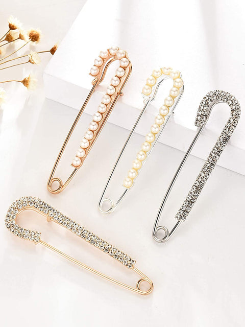 Women Brooch Pins Sweater Shawl Clips Faux Crystal and Pearl Brooches, Safety Pins Dress Shirt Clips for Women, 2 Styles, Gold, Silver