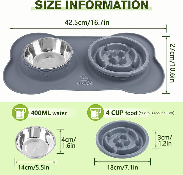 3-In-1 Slow Eating Dog Bowls with Non Slip Mat - Safe Silicone Interactive Fun Slow Feeders for Dogs - Stainless Steel Bowls Non Spill Mats Tray - Great for Dogs Cats Slow Feeding(M，Grey)