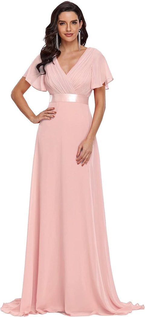 Women'S Double V-Neck Short Flutter Sleeves Empire Waist Elegant Chiffon Long Evening Dresses