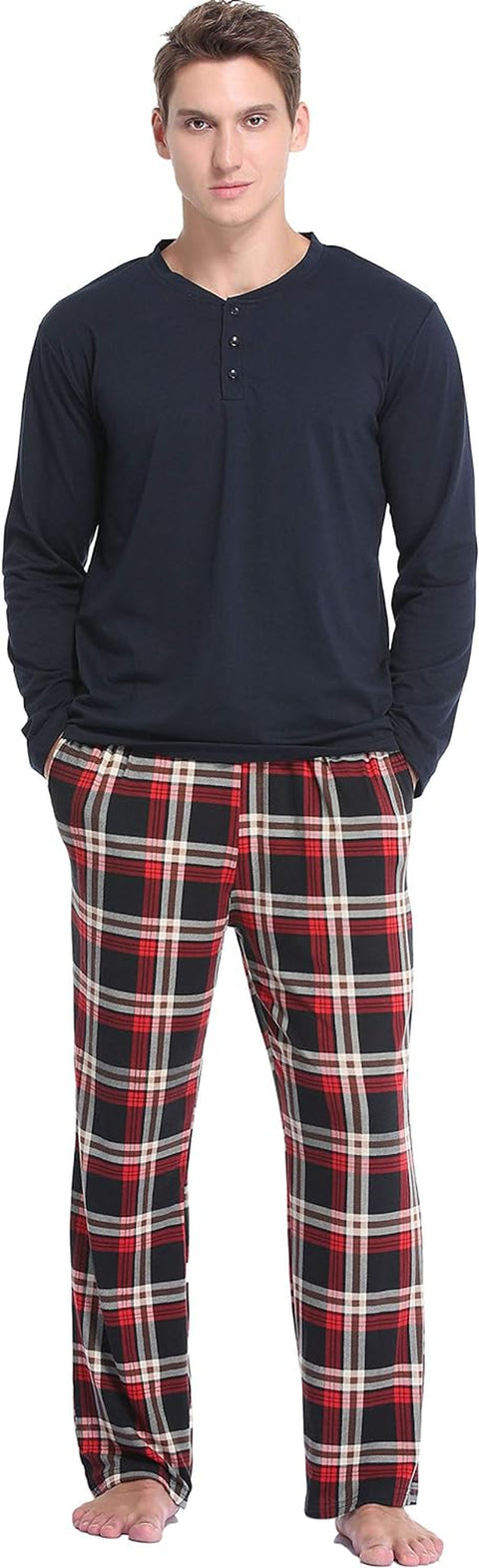 Men'S Pyjama Sets Long-Sleeve Pj'S Set Soft Loungwear Solid Top and Check Pant with Pockets S-XXL