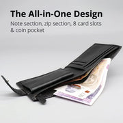 All-In-One Handmade Mens Wallet, RFID Blocking Wallet with Coin Pocket, Fine Leather Card Wallet for Men with 8 Slots and Zip Section, in Wooden Mens Gift Box, Black Wallet