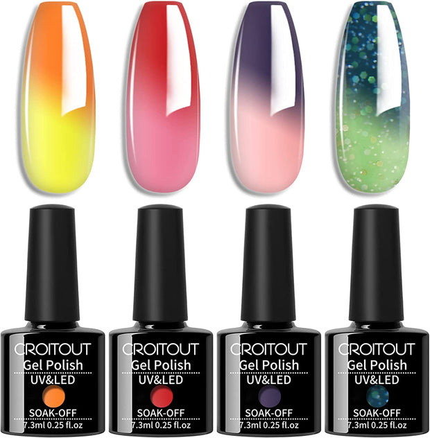 UV Gel Nail Polish Set, Colour Changing Gel Polish Colours Set, Soak off Nail Gel Polish Set, Long Lasting Glossy Shellac Nail Polish Kit, Best Gift for Women 4 X 7.3Ml