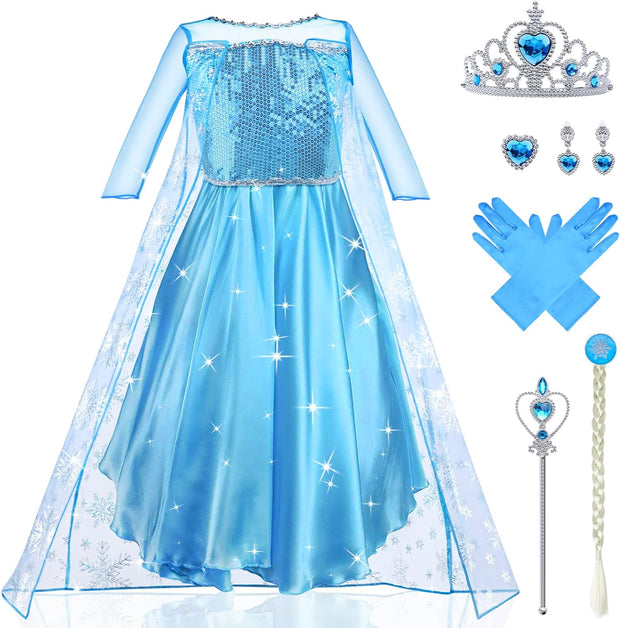 URAQT Elsa Dress, Elsa Princess Costume with Fairy Wand and Crown Tiara, Elsa Anna Dress up for Girls, Deluxe Girls Fancy Dress for Party Cosplay Bridesmaid Pageant