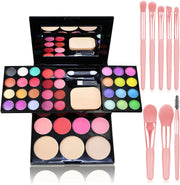 Makeup Brushes Cosmetic Palette Set  Professional Makeup Palette Kit （Include: Eyeshadow & Blusher & Face Powder & Lip Gloss) + Makeup Brushes Set (7Pcs Pink Brushes)