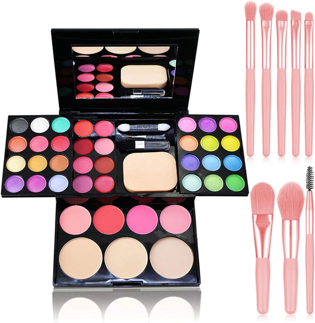 Makeup Brushes Cosmetic Palette Set  Professional Makeup Palette Kit （Include: Eyeshadow & Blusher & Face Powder & Lip Gloss) + Makeup Brushes Set (7Pcs Pink Brushes)