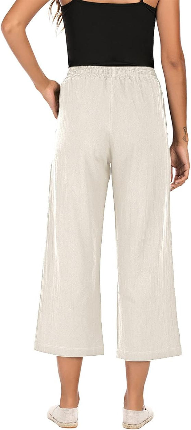 Women'S Summer Comfy Cotton Linen Cropped Trousers Wide Leg Lounge Pants with Pockets