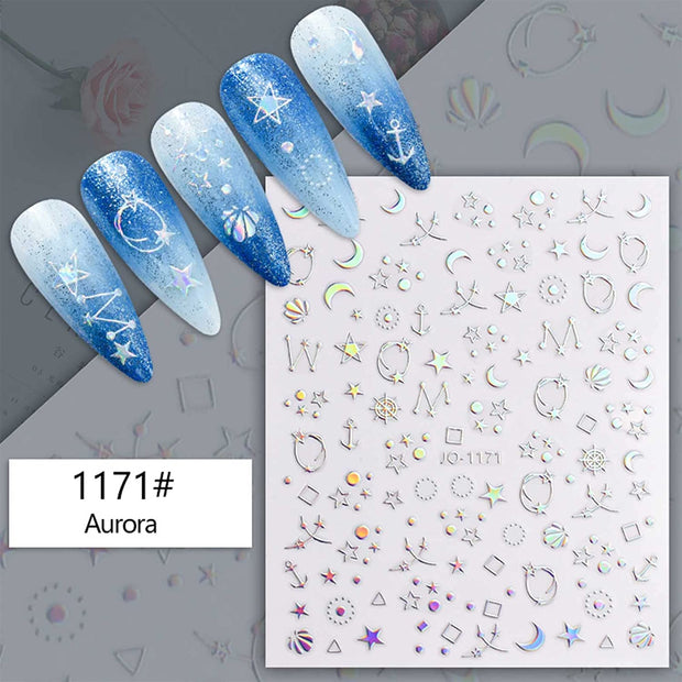 9 Sheets Aurora Holographic Nail Art Stickers Decals Self-Adhesive Stars Moon Nail Supplies Nail Art Design Decoration Accessories