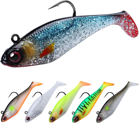 Soft Fishing Lures for Bass Pike Trout Perch, Pre-Rigged Jigs Head Sea Fishing Lures with Ultra-Sharp BKK/VMC Hooks, Plastic Artificial Swimbaits, Fishing Tackle for Saltwater & Freshwater