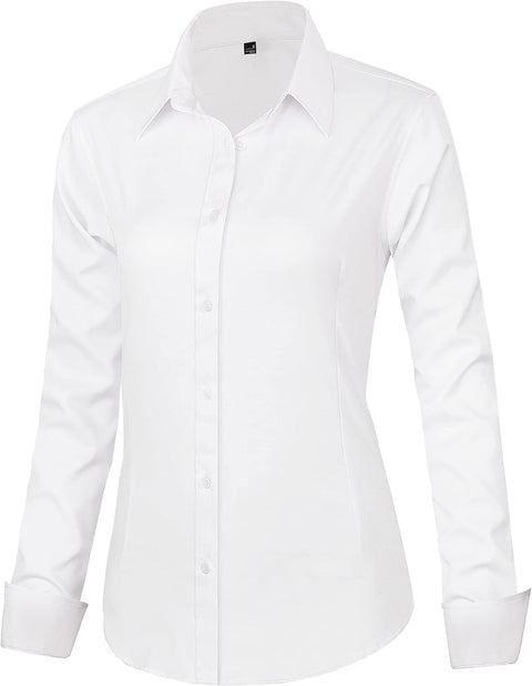 Women'S Long Sleeve Plain Dress Shirt Fitted Stretch Executive Shirt Blouse with Single Cuff