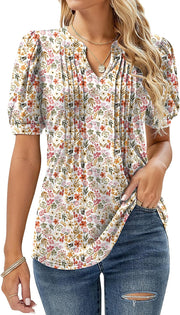 Womens V Neck Tops Puff Short Sleeve T-Shirt Pleated Floral Printed Tunic Blouse Shirts