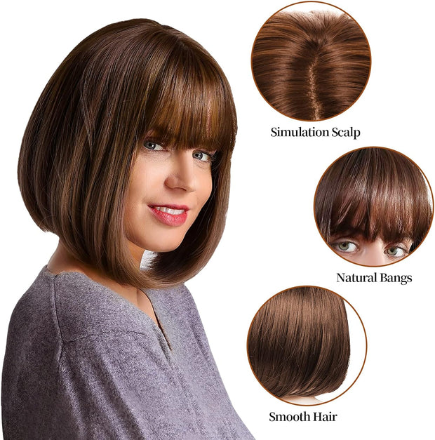 Brown Bob Wig with Bangs Short Wigs Synthetic Hair Short Brown Wigs Hair Bangs Wig Human Hair Wig Short Short Straight Short Bob Wig Bob Hair Wig Daily Party Cosplay Costume for Daily Party Halloween