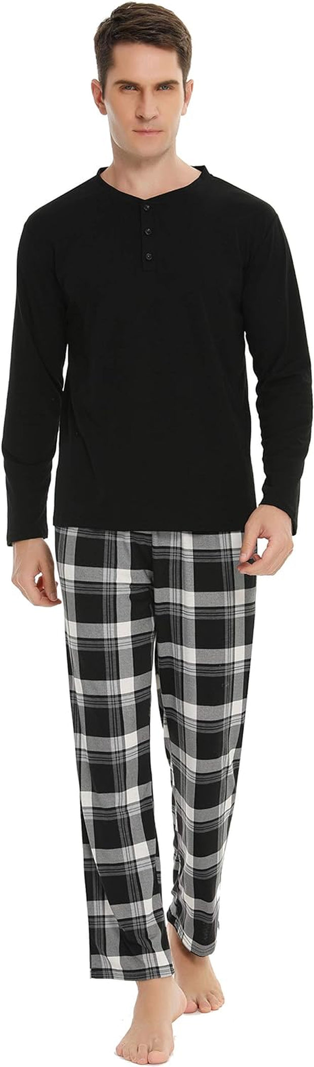 Men'S Pyjama Sets Long-Sleeve Pj'S Set Soft Loungwear Solid Top and Check Pant with Pockets S-XXL