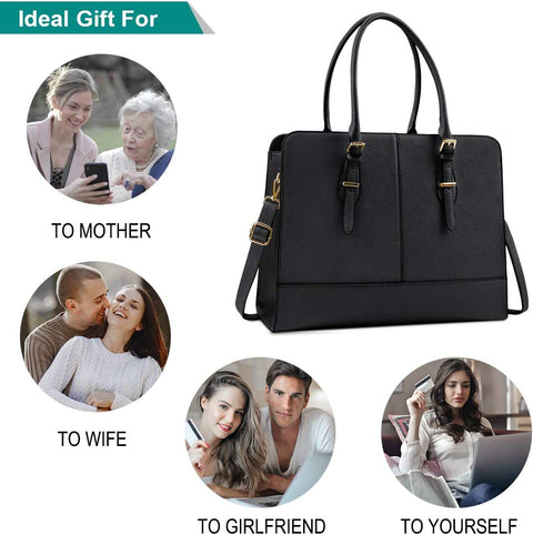 Laptop Bags for Women 15.6 Inch Ladies Leather Laptop Handbag Work Handbags Womens Tote Bag Office Black