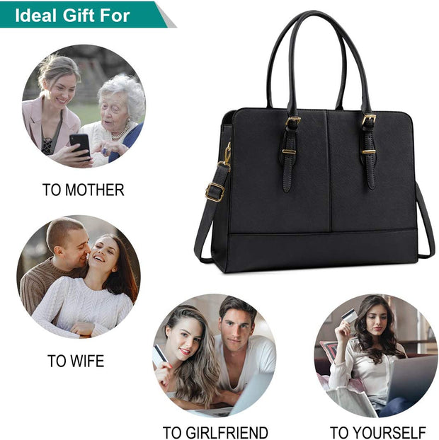 Laptop Bags for Women 15.6 Inch Ladies Leather Laptop Handbag Work Handbags Womens Tote Bag Office Black