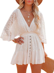 Women Lace Floral Bikini Cover Ups V Neck Hollow Out Swimwear Tunic Beach Dress Summer Beachwear