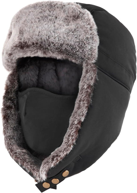 Winter Bomber Hats, Faux Fur Warme Hats Windproof Trooper Trapper Hat Aviator Caps with Ear Flap and Windproof Mask for Skating, Skiing, Hunting or Daily Use Black