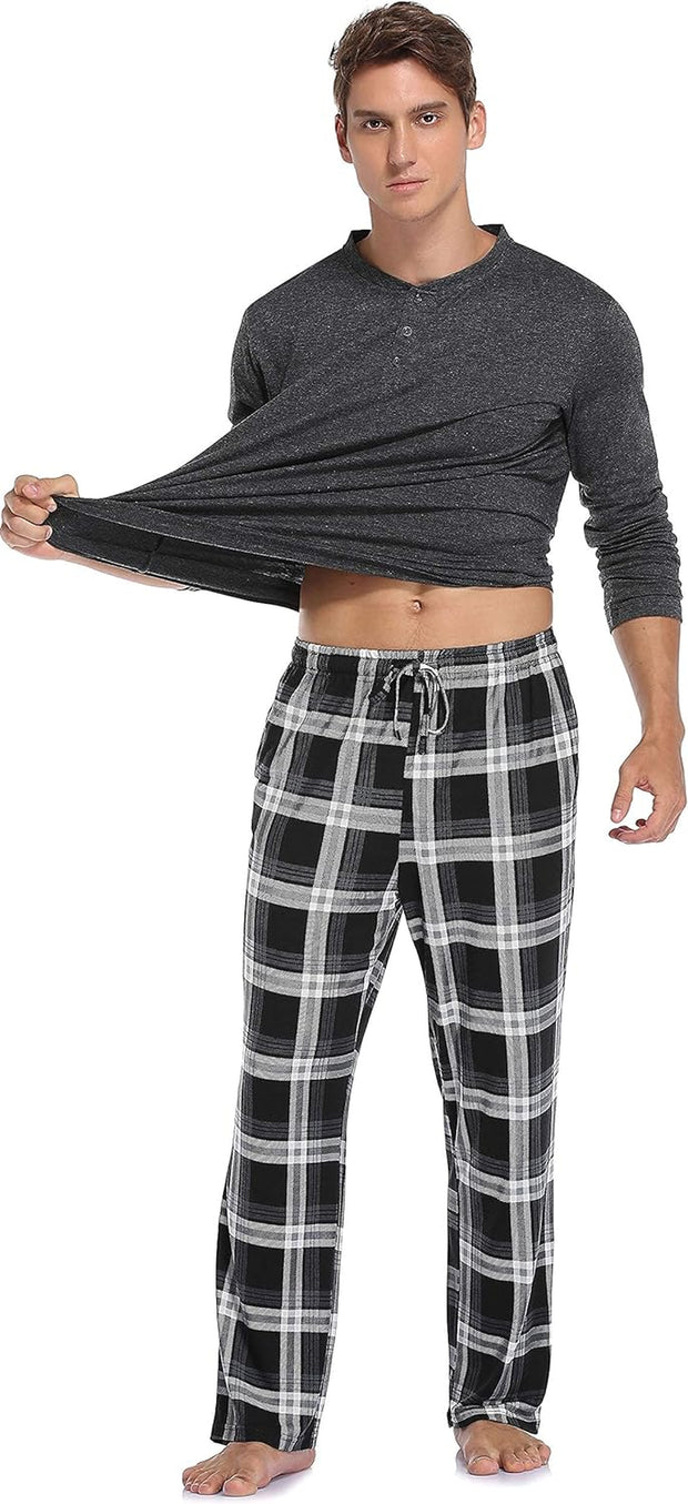 Men'S Pyjama Sets Long-Sleeve Pj'S Set Soft Loungwear Solid Top and Check Pant with Pockets S-XXL