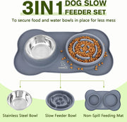 3-In-1 Slow Eating Dog Bowls with Non Slip Mat - Safe Silicone Interactive Fun Slow Feeders for Dogs - Stainless Steel Bowls Non Spill Mats Tray - Great for Dogs Cats Slow Feeding(M，Grey)