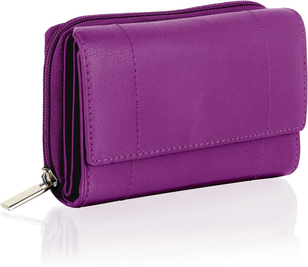 Purses for Women, Real Leather RFID Protection Small Purse Wallet with Card and Zip Coin Pockets (Purple)