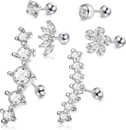 6Pcs CZ Barbell Helix Piecing Cartilage Earring for Women Girls Stainless Steel Nose Lip Studs Tragus Flower Conch Flat Back Body Piercing Jewelry 16G