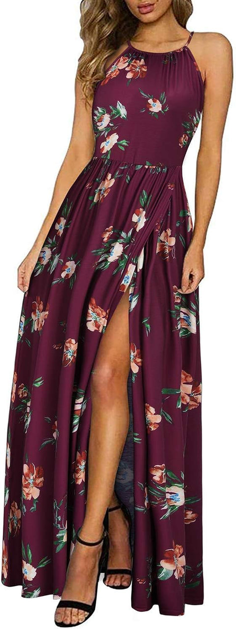 Maxi Dresses for Women UK Summer Dress Halter Neck Wedding Guest Elegant Long Dress Floral Beach Sundress