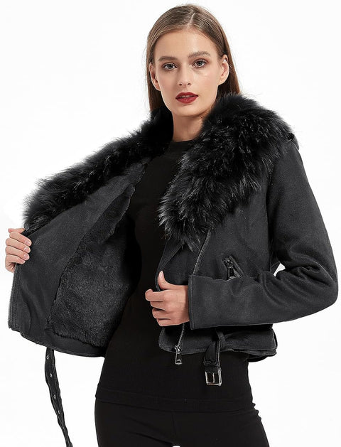 Women Faux Leather Jacket, Winter Fashion Motorcycle Coat with Fur Collar, Moto Biker PU Outerwear