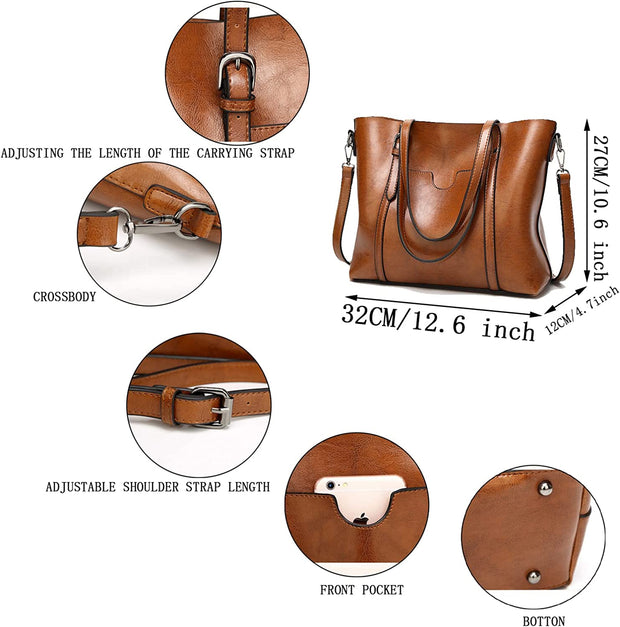 Womens Handbags Soft Leather Large Capacity Retro Vintage Top-Handle Casual Pocket Tote Shoulder Cross-Body Bags Brown