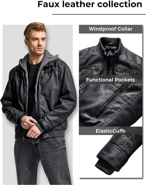 Men'S Causal Stand Collar Leather Jacket with Removable Hood Motorcycle Bomber Jacket Faux Leather Vintage Windproof Coat