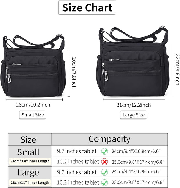 Womens Shoulder Bag Multi Pocket Crossbody Bag Waterproof Tote Handbag Travel Purse Lightweight Messenger Bag for Casual Sport School Hiking Travel, 2 Size (L, Black)