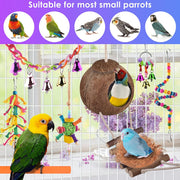 Bird Parrot Toys 8 PACK, Hanging Natural Wooden Coconut Perch Lovebrid Birds House with Ladder, Stand Chewing Bell Pet Birds Cage Toy Accessories Suitable for Parakeet, Conure, Cockatiel, Mynah