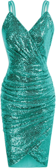 Women Sequined Velvet Spaghetti Dress V-Neck Bodycon Mini Wrapped Dance Party Cami Dress