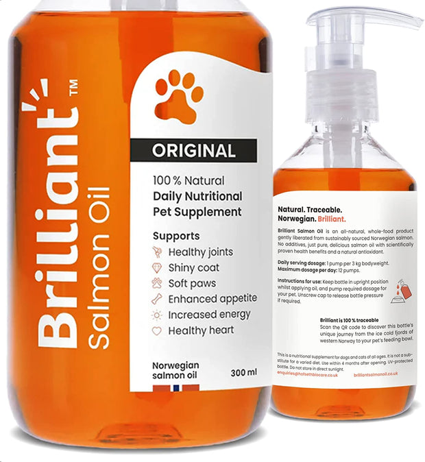 Brilliant Salmon Oil for Dogs, Cats, Puppy, Horse, Ferret & Pets - Pure Omega 3, 6 & 9 Fish Oil Food Supplement | Treats Itchy Skin, Joint Care, Heart Health & Natural Coat  (2X300Ml)