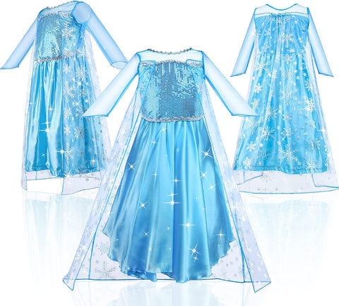 URAQT Elsa Dress, Elsa Princess Costume with Fairy Wand and Crown Tiara, Elsa Anna Dress up for Girls, Deluxe Girls Fancy Dress for Party Cosplay Bridesmaid Pageant