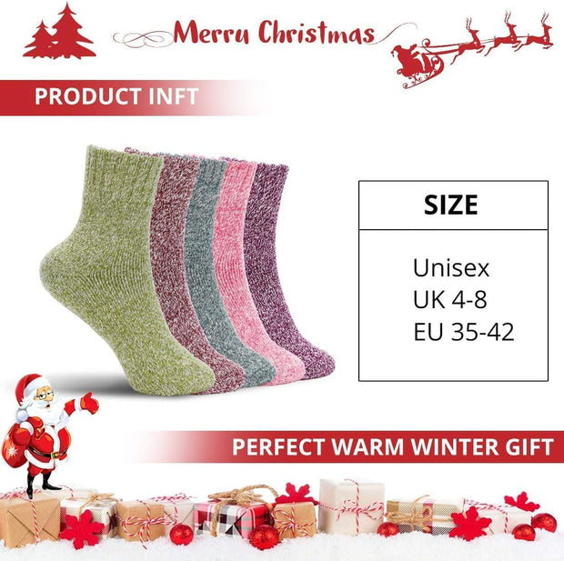 Thermal Winter Women Socks 5 Pairs Wool Warm Knitting Ladies Socks Vintage Style Soft Cotton Thick Woman Bed Sock Multicoloured for Home Office School Hiking, Ideal Christmas Gifts for Women