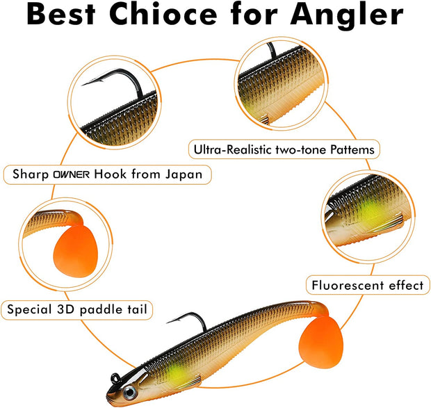 Soft Fishing Lures for Bass Pike Trout Perch, Pre-Rigged Jigs Head Sea Fishing Lures with Ultra-Sharp BKK/VMC Hooks, Plastic Artificial Swimbaits, Fishing Tackle for Saltwater & Freshwater