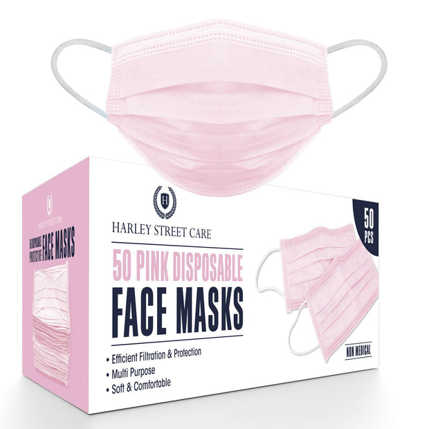 Harley Street Care Disposable Pink Face Masks Protective 3 Ply Breathable Triple Layer Mouth Cover with Elastic Earloops (Pack of 100)