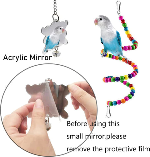 7 Pcs Bird Budgie Toys,  Hanging Bell Pet Bird Cage Hammock Swing Climbing Ladders Toy Wooden Perch Mirror Chewing Toy for Conures, Love Birds, Small Parakeets, Cockatiels, Parrot (Muliti-B)