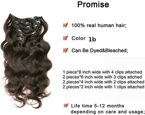 Clip in Human Hair Extensions Full Head 16 Clips 100% Real Remy Human Hair Body Wave Wigs 8A 7 Pcs Wavy Pieces 18 Inch #1B Natural Black 70G